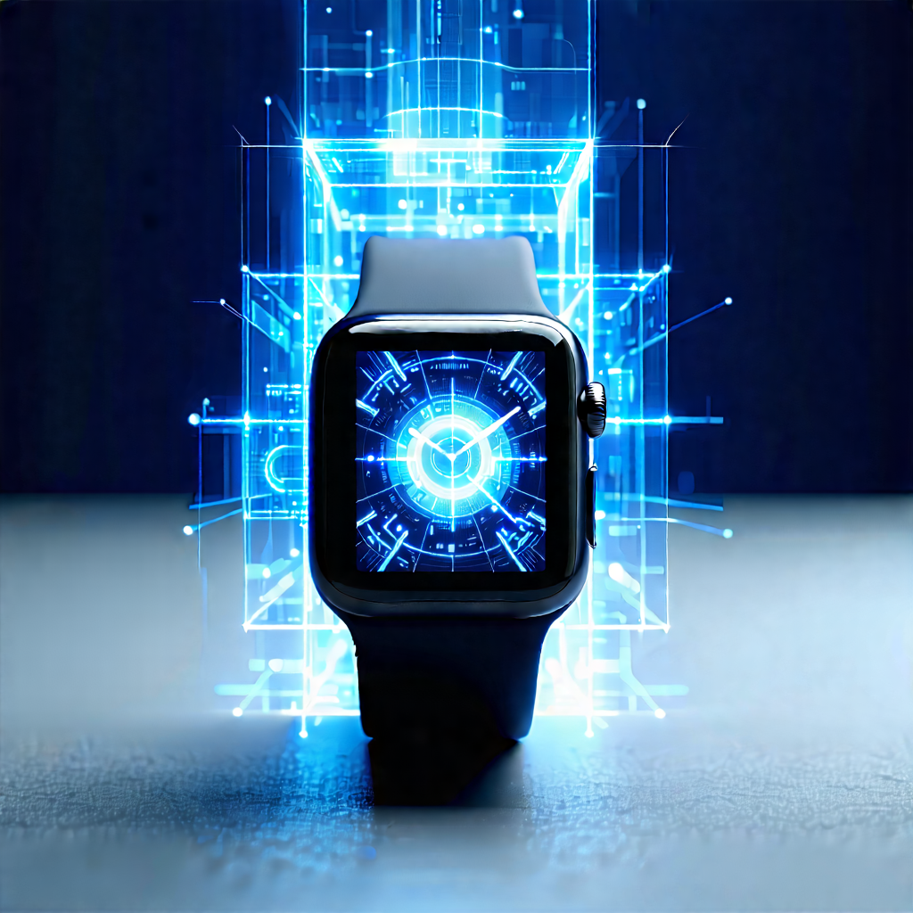 Tech Ink Drawing: Smart Watch With Holographic Display With Blue White