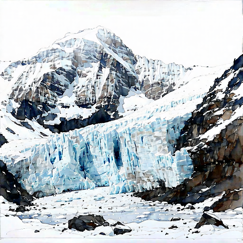 Nature Ink Drawing: Glacier In Winter Snow With Large, Snow-covered