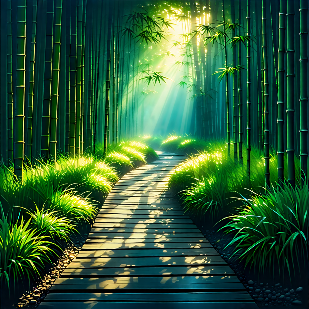 Nature Technical Illustration: Path Through Bamboo Grove With Serene Forest
