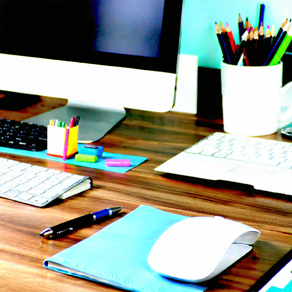 Business Aerial Photography: Workplace with modern office supplies on desk