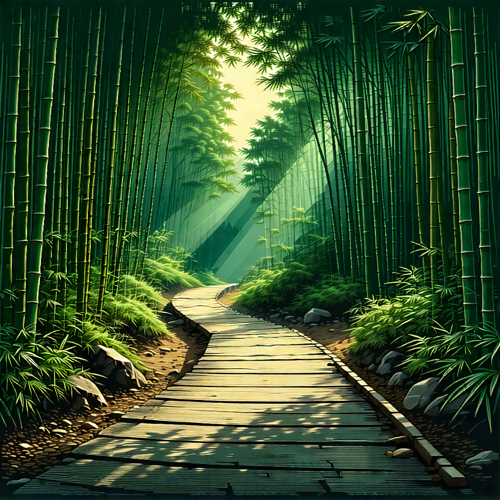 Nature Woodcut Print: Path Through Bamboo Grove With Serene Forest
