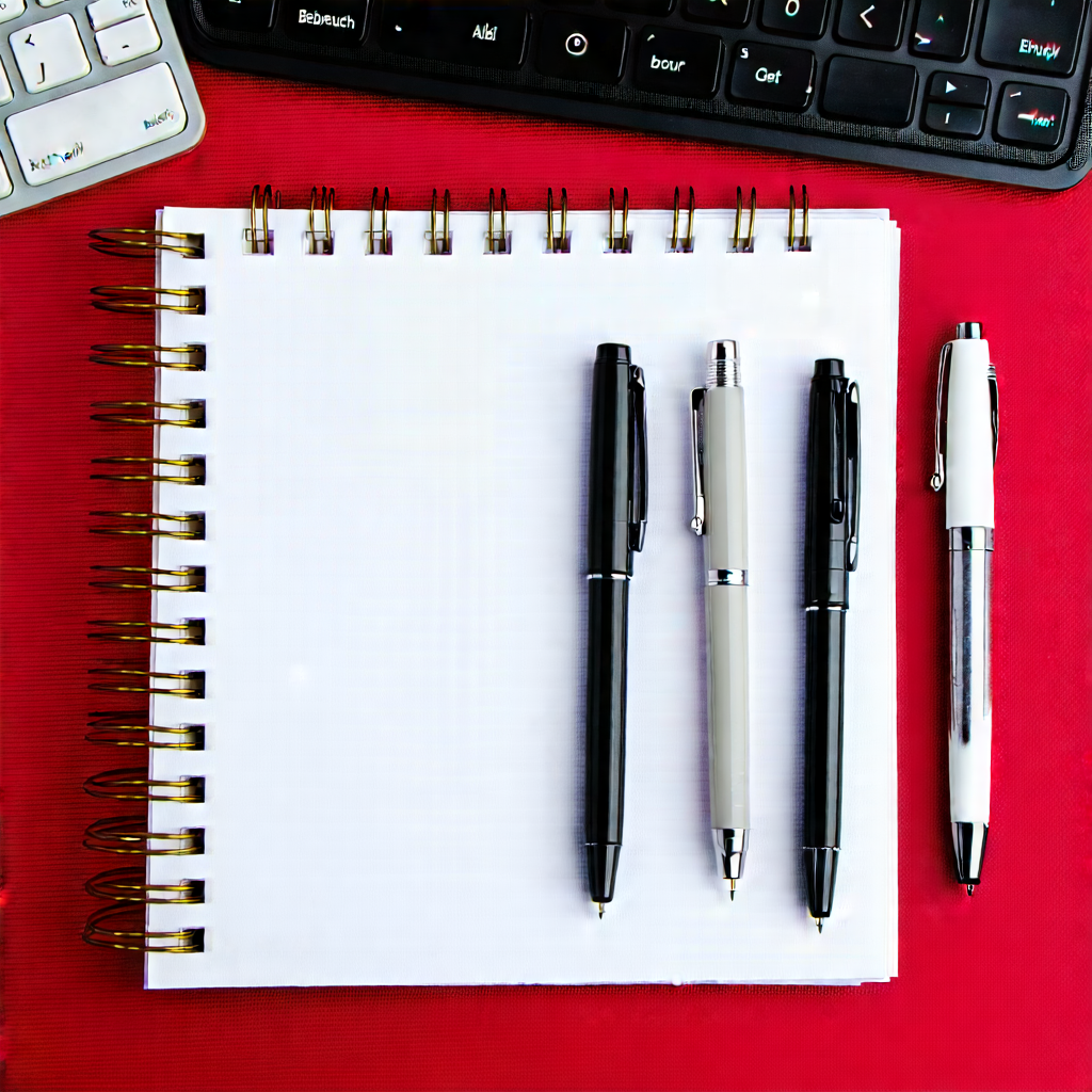 Business Professional Photography: Workplace With Notebooks And Pens On Desk With Desk Variety
