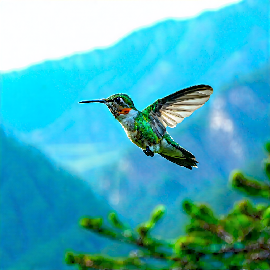 Nature Long Exposure Photography: Hummingbird In (mountain:1.16) Terrain With Green White