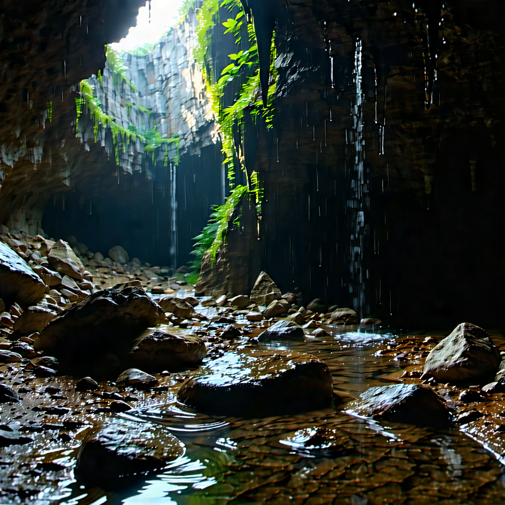 Nature Tilt-shift Photography: Cave Entrance In Rainy Season With Cave Waterfall