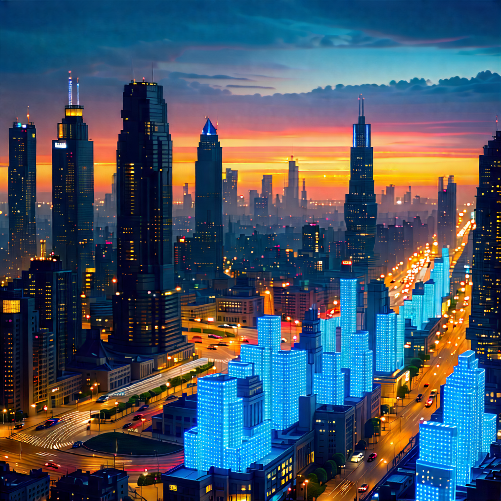 Urban Infographic Style: Cityscape Of Modern Metropolis During Sunset With Nighttime View