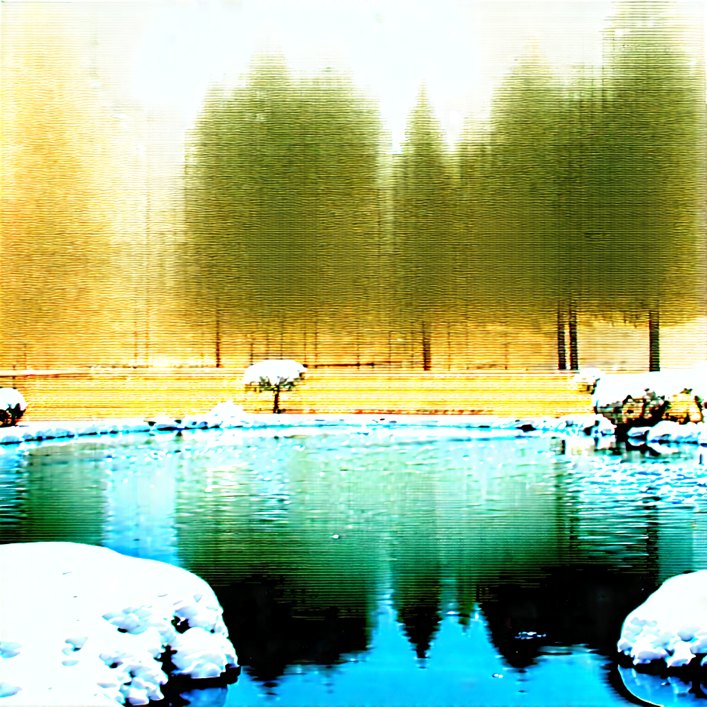Nature Product Photography: Tranquil Pond Surrounded By (snow:1.4)-covered Trees With Serene Pond