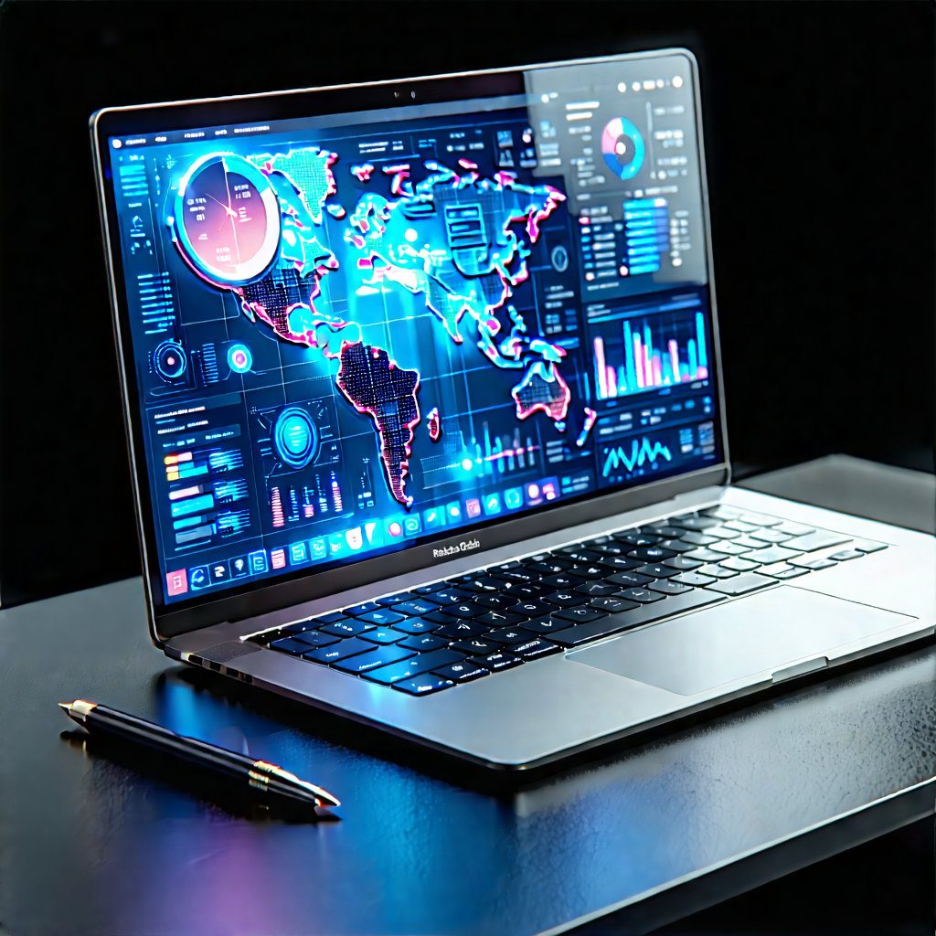 Tech Watercolor Painting: Laptop With Data Visualization With Laptop Computer