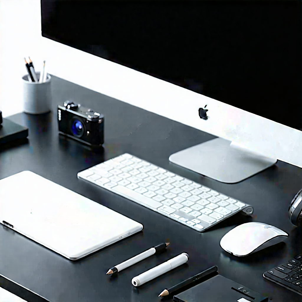 Business Drone Photography: Workplace with digital devices on desk