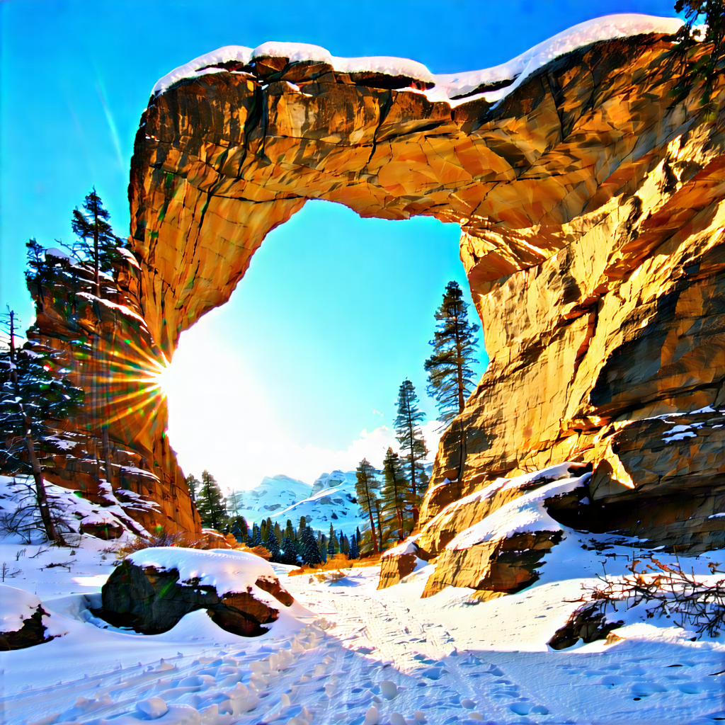 Nature Landscape Photography: Natural Arch In Winter Snow With Beautiful Natural