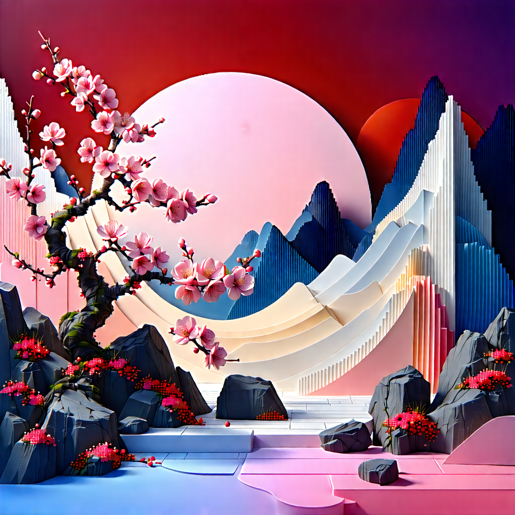 Nature Geometric Design: Cherry Blossoms In Rocky Terrain With Beautifully Painted