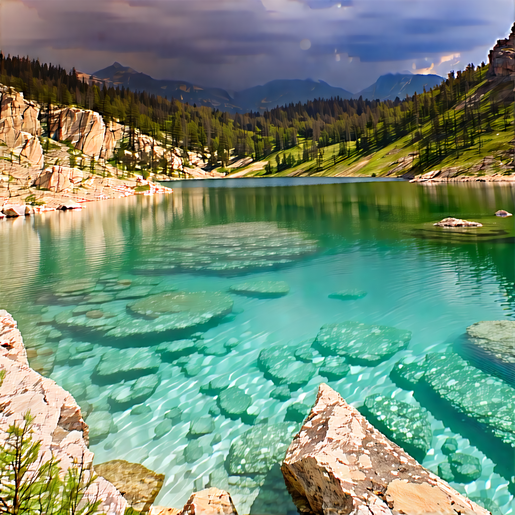 Nature Etching: Crystal Clear Lake Surrounded By Rocky Shores With Serene Lake