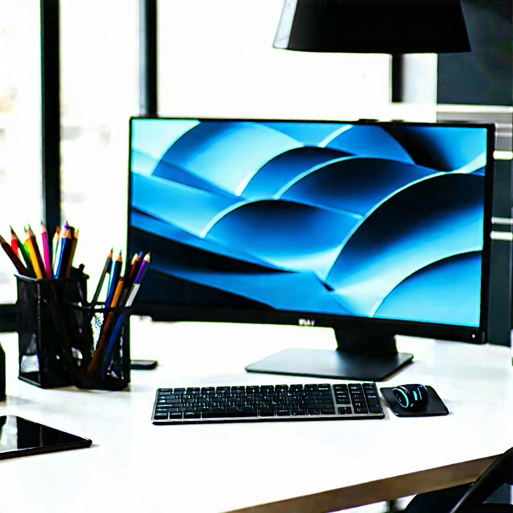Business Digital Illustration: Workplace with (digital:1.17) devices on desk