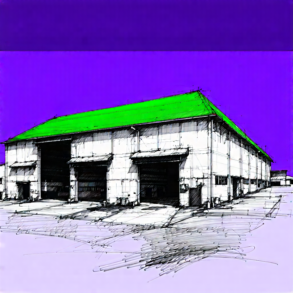 Urban Charcoal Drawing: Converted Warehouse With Green Rooftop With Purple Drawing