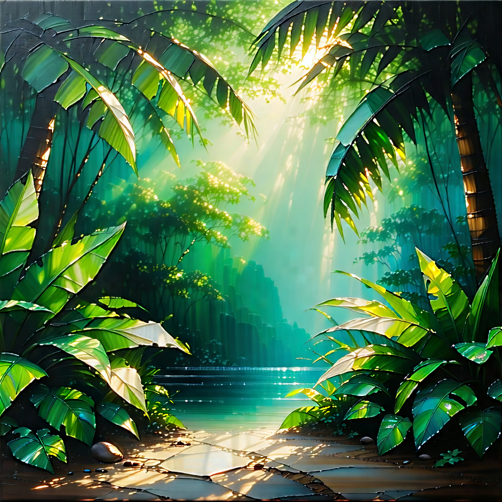 Nature Oil Painting: Tropical plants in natural setting