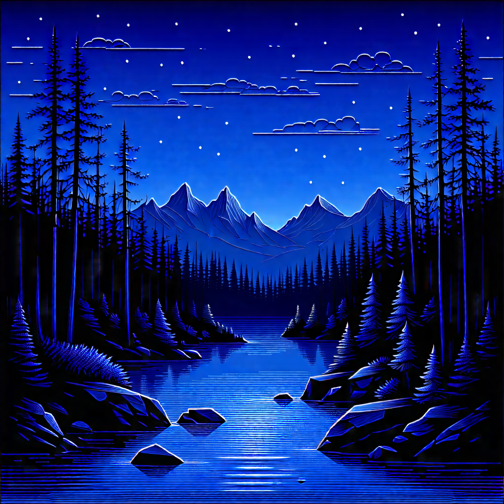 Nature Linocut Print: (forest:1.32) Scene During Blue Hour With Painting Serene
