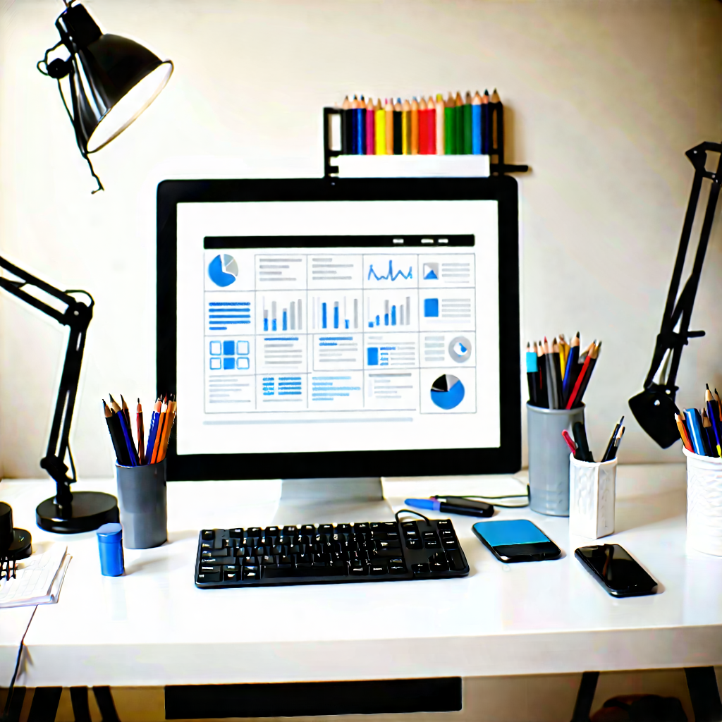 Business Technical Illustration: Workplace With Productivity Tools On Desk With White Desk