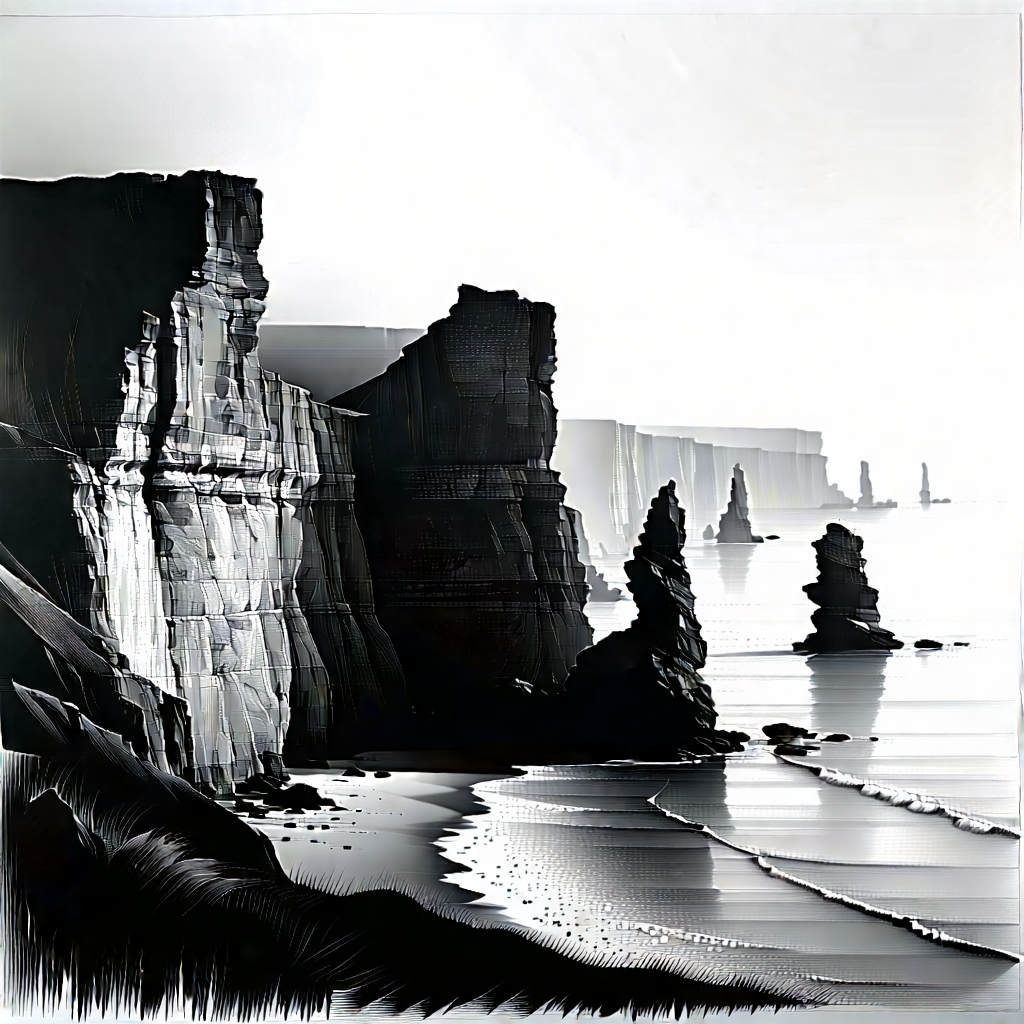 Nature Charcoal Drawing: Coastal Cliff During Foggy Morning With Black White