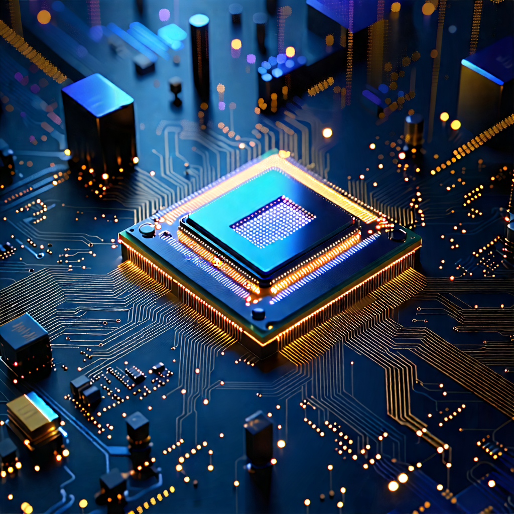 Tech Ink Drawing: Microchip with (digital:1.24) particles