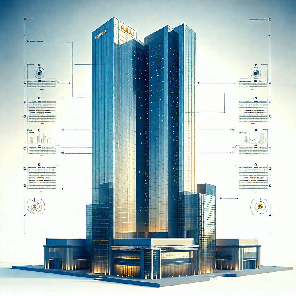Urban Infographic Style: Skyscraper With Artistic Facade With Large Building