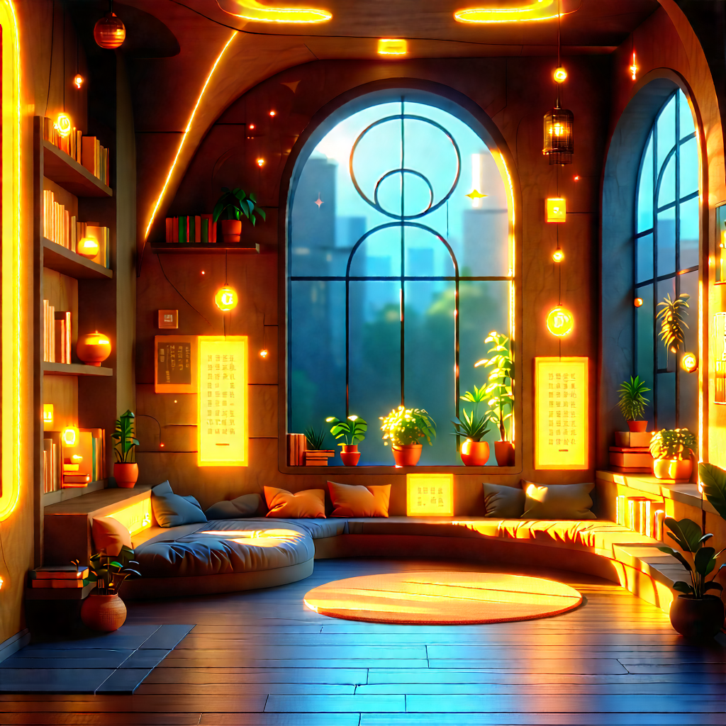 Lifestyle Infographic Style: Reading nook with warm (lighting:1.24)