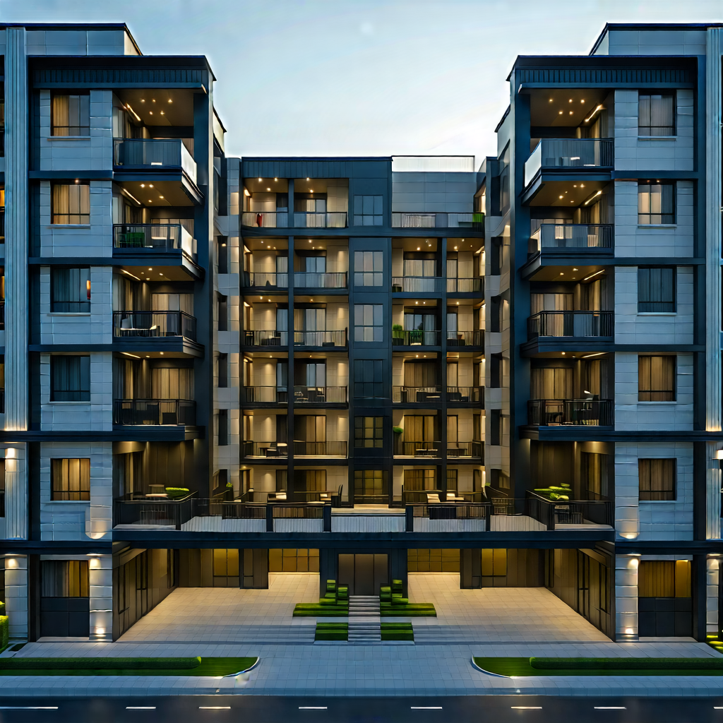 Urban Low Poly: (modern:1.15) apartment complex with dramatic lighting