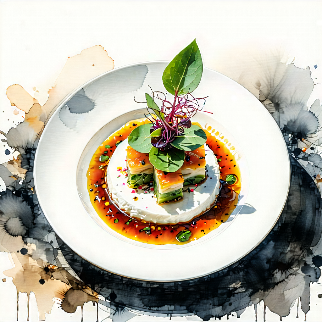 Lifestyle Ink Drawing: Plant-based Dish Prepared With Artistic Presentation With White Plate