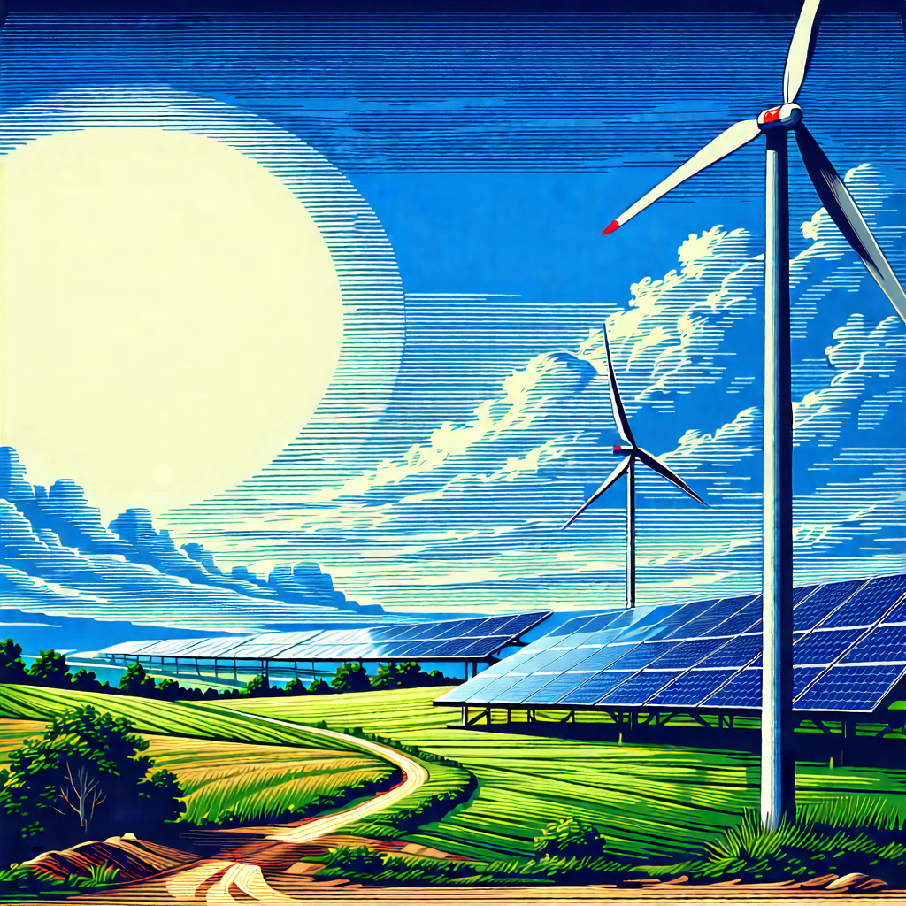 Tech Woodcut Print: Innovative Renewable Energy (design:1.28) With Large Windmill