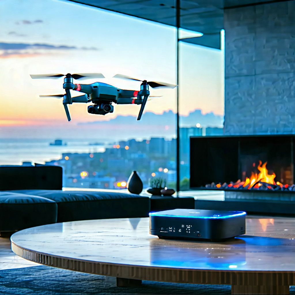 Tech Drone Photography: Smart Home (device:1.29) With (digital:1.11) Artwork With Drone Flying