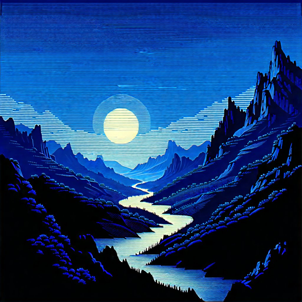 Nature Linocut Print: Valley During Blue Hour With Beautiful Painting
