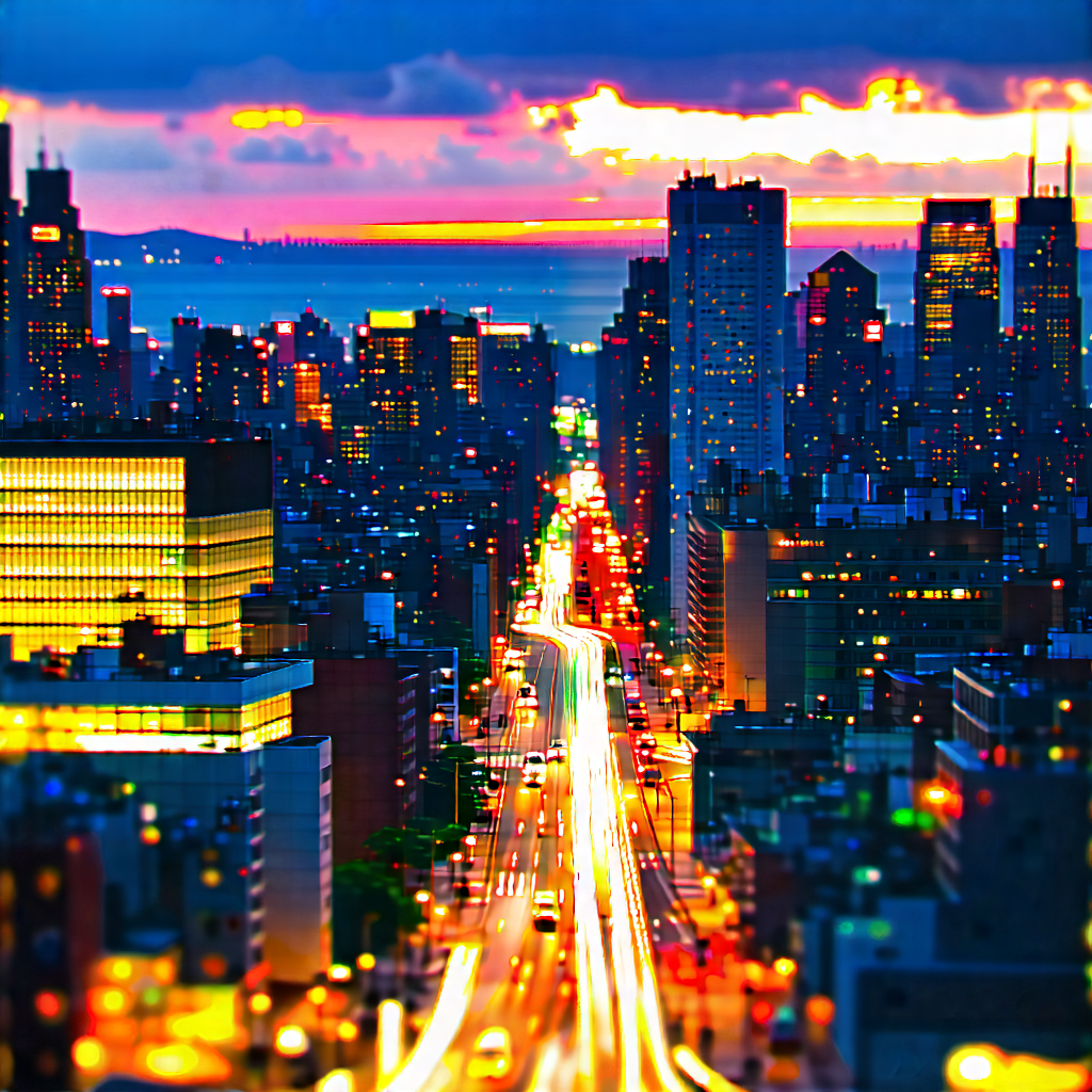 Urban Tilt-shift Photography: Cityscape Of (modern:1.44) Metropolis During Sunrise With Black White