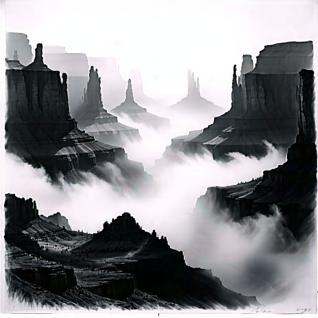 Nature Charcoal Drawing: Canyon During Foggy Morning With Black White