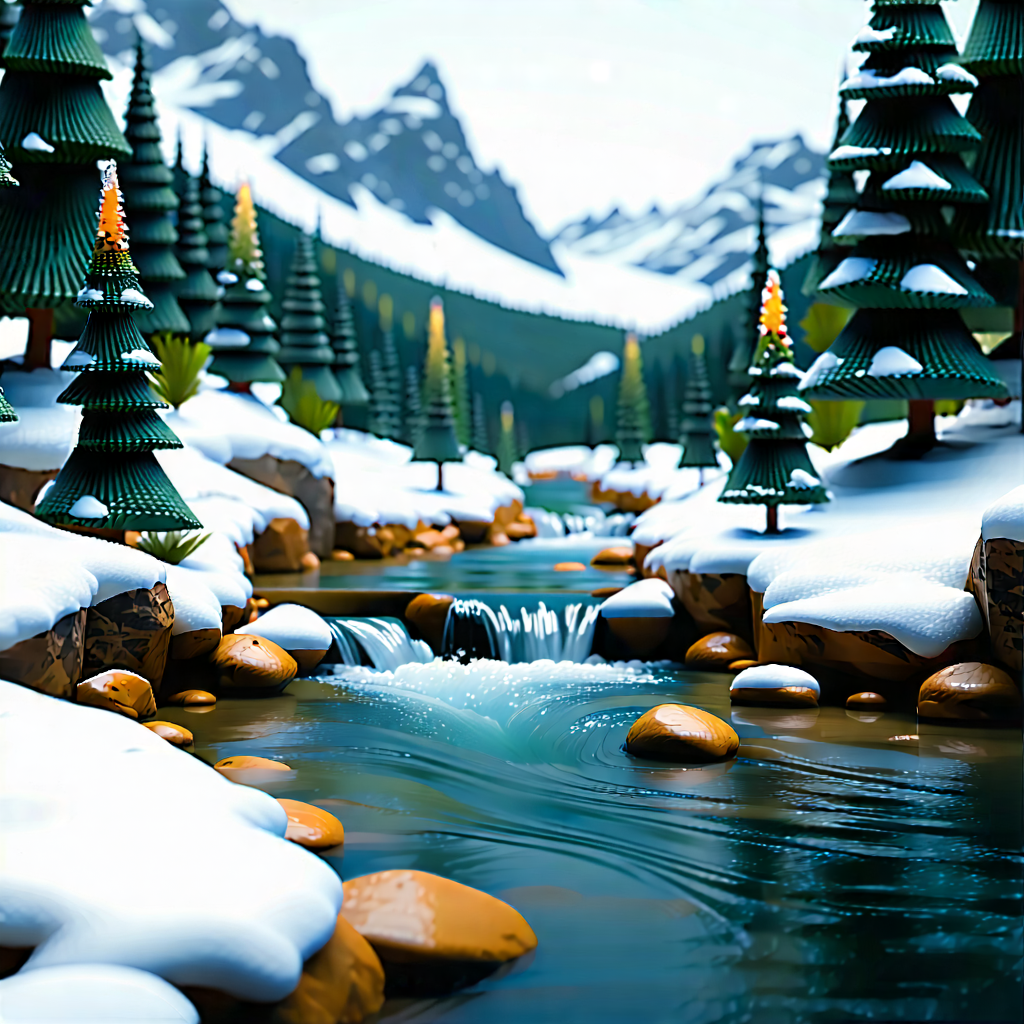 Nature Drone Photography: (mountain:1.35) Stream Surrounded By Snow-covered Trees With Image, There
