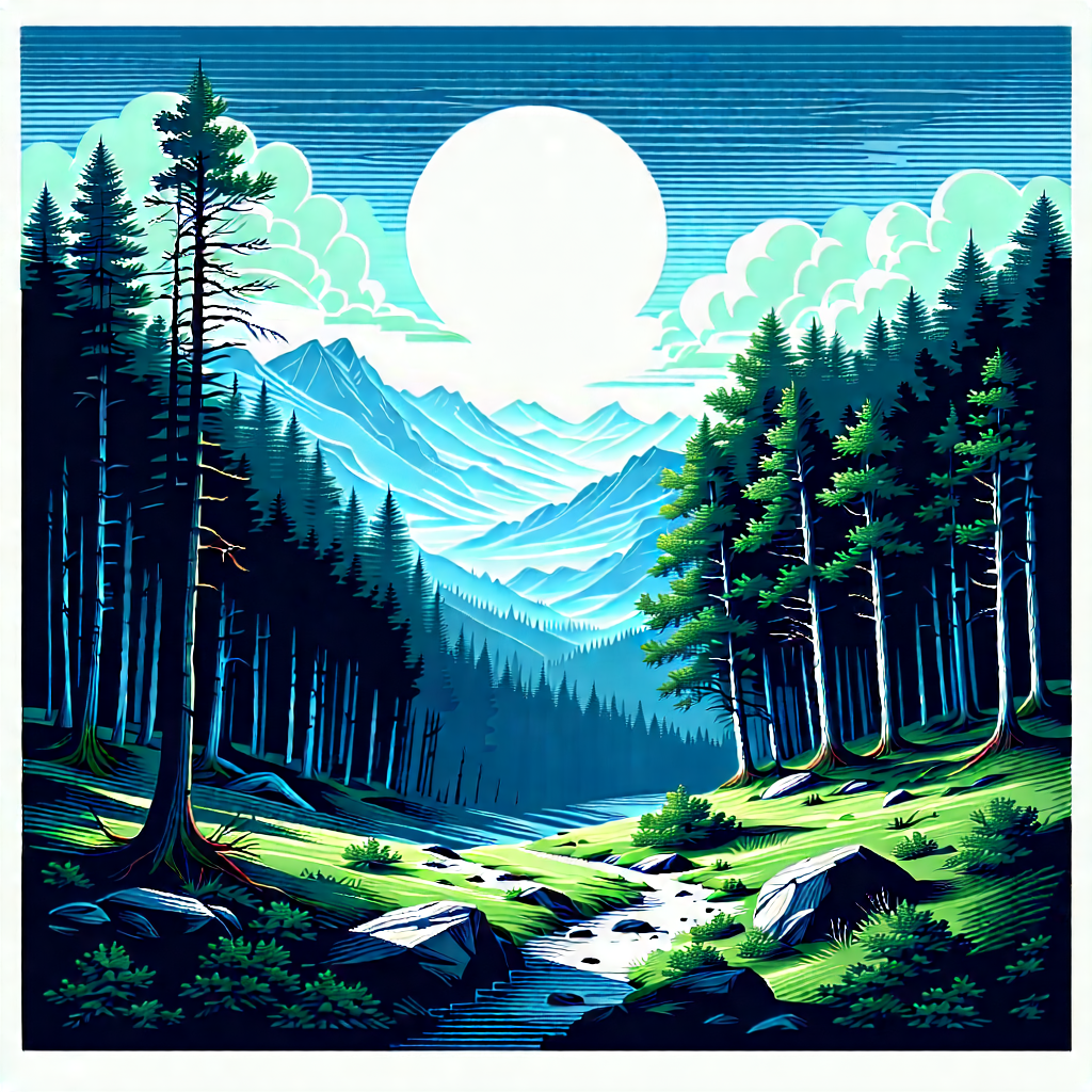 Nature Linocut Print: Clear Sky Over Forest Clearing With Image, There