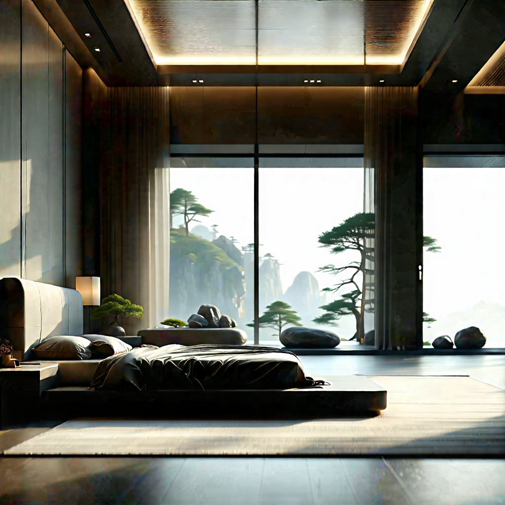Lifestyle Architectural Photography: Bedroom Sanctuary With (minimalist:1.36) Decor With Image, There