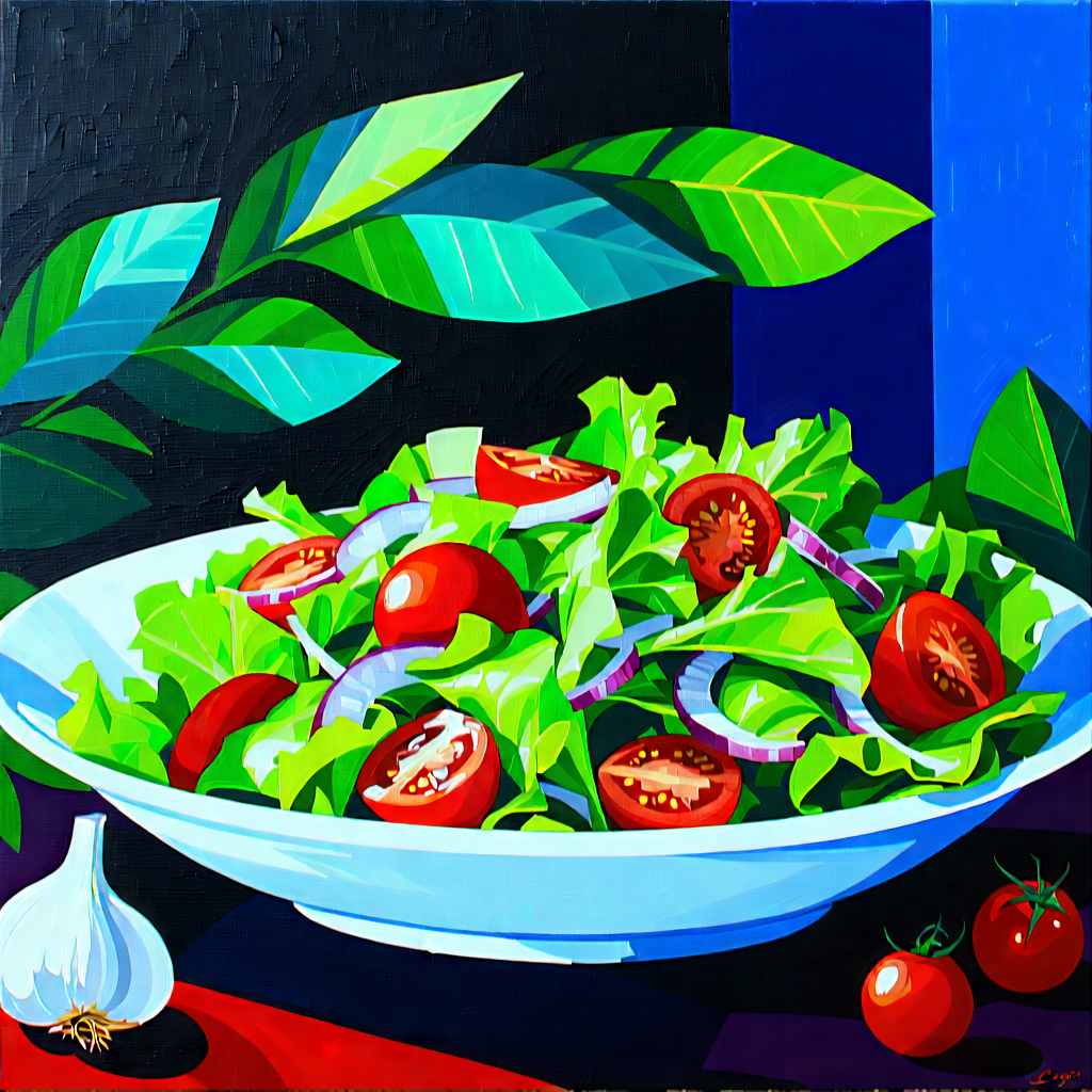 Lifestyle Gouache Painting: Fresh Salad Prepared With Artistic Presentation With Large Bowl