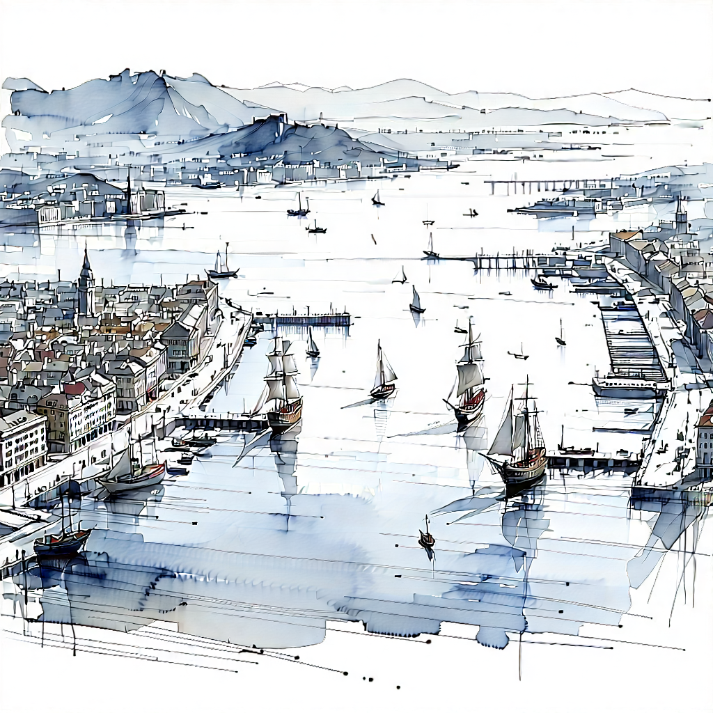 Urban Ink Drawing: Aerial View Of Harbor District With Watercolor Painting