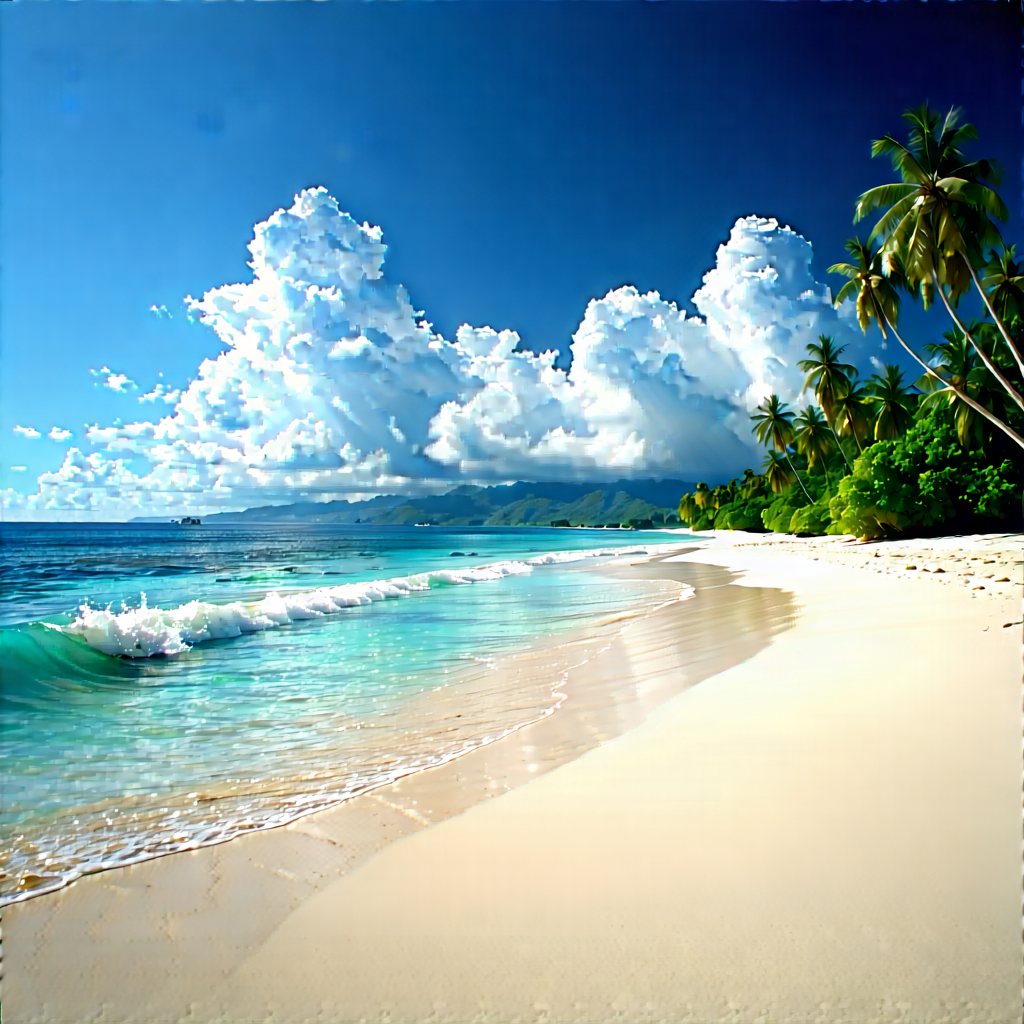 Nature Woodcut Print: Clear Sky Over Tropical Beach With Beautiful Beach