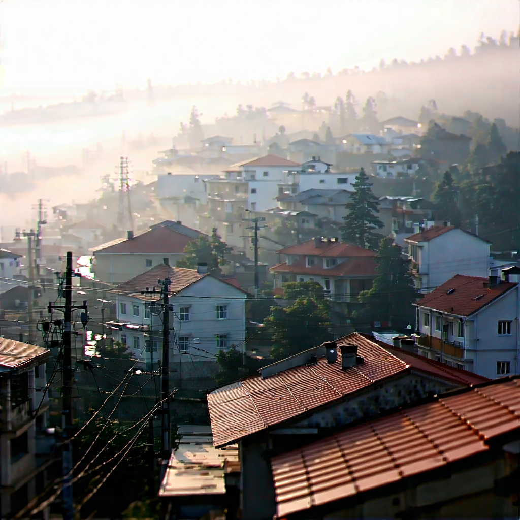 Urban Architectural Photography: Cityscape Of Small Town During Foggy Morning With Image, There