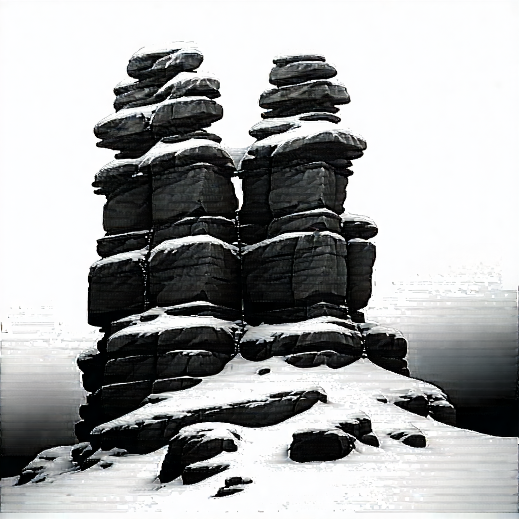 Nature Charcoal Drawing: Rock Formation In Winter Snow With Snowy Landscape