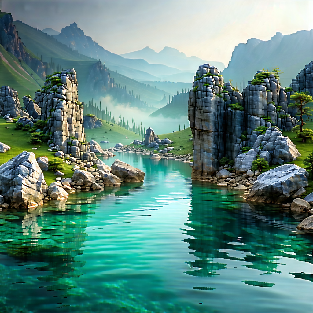 Nature Concept Art: Tranquil Pond Surrounded By Rocky Shores With Image, There