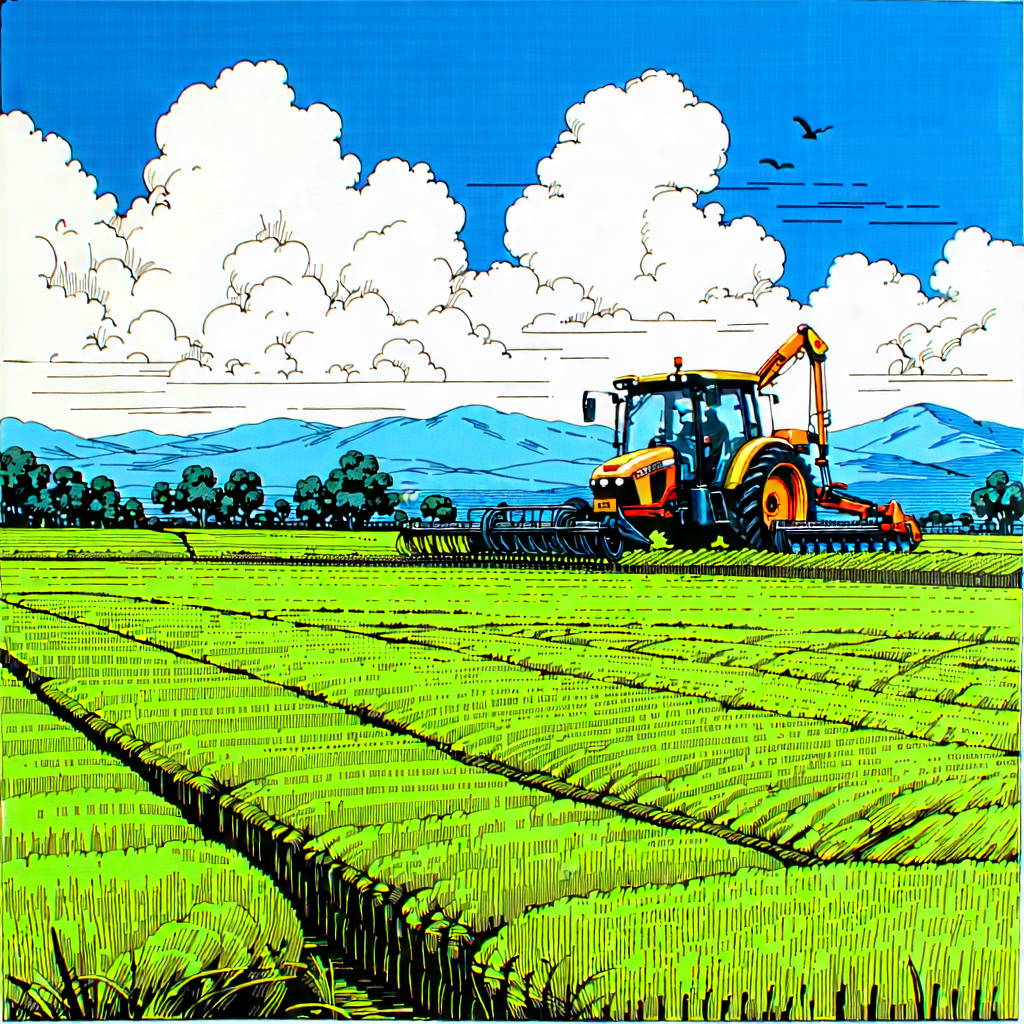 Tech Ink Drawing: Agricultural Technology In Field Deployment With Image, Large