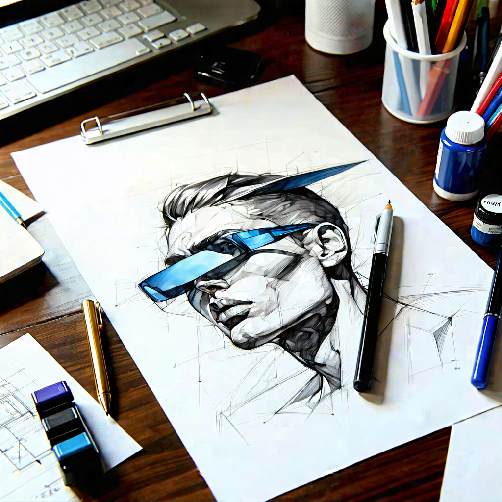 Business Ink Drawing: Workplace with modern office supplies on desk