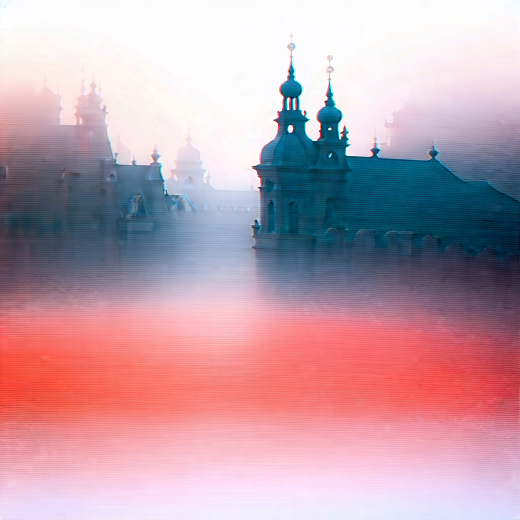 Urban Watercolor Painting: Cityscape Of Historic City Center During Foggy Morning With Black White