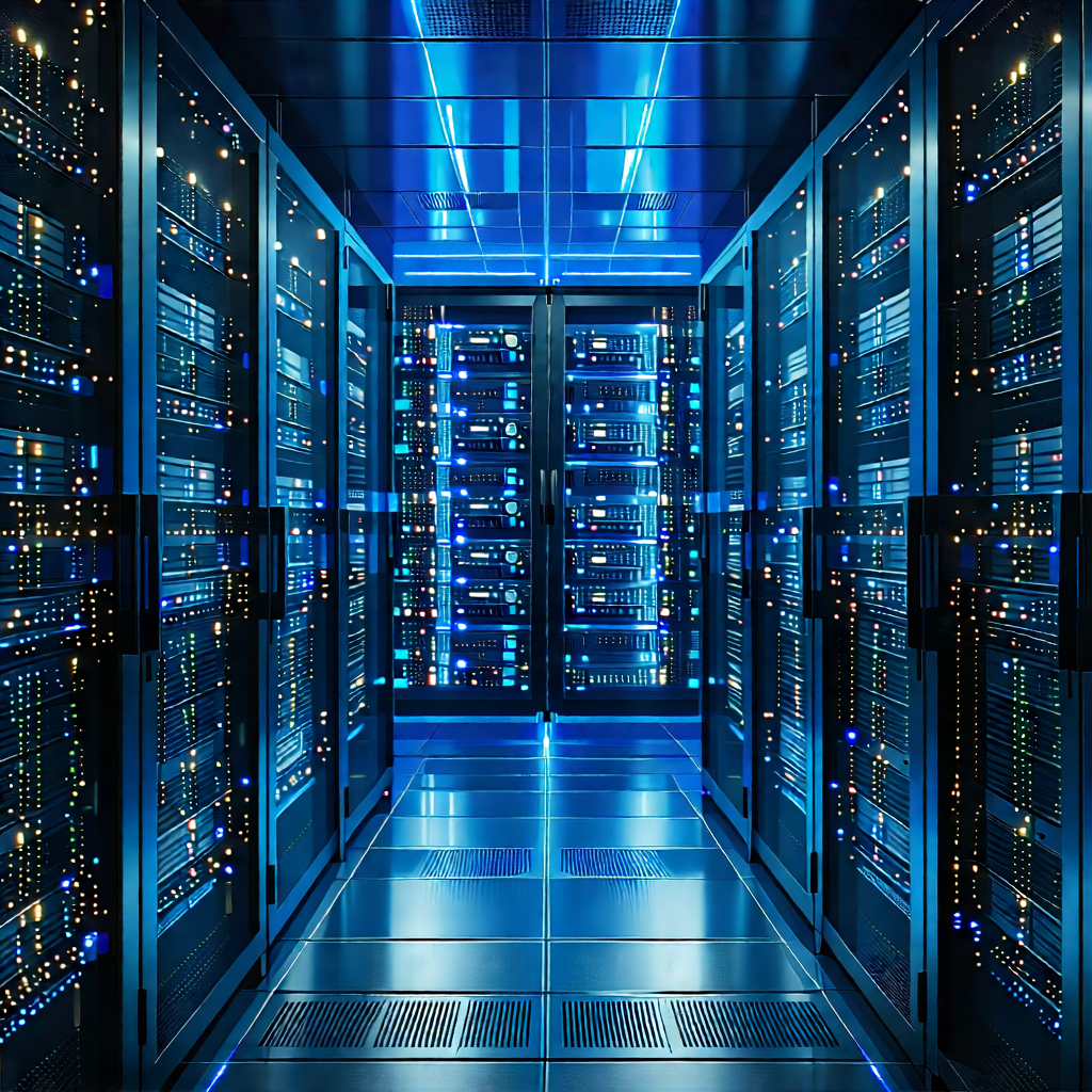 Tech Etching: Server rack with digital particles
