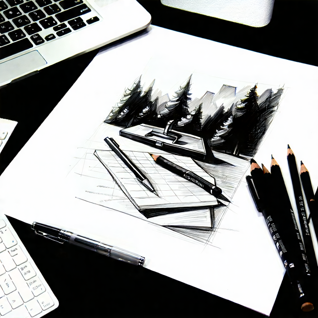Business Charcoal Drawing: Workplace With Productivity Tools On Desk With Laptop Computer