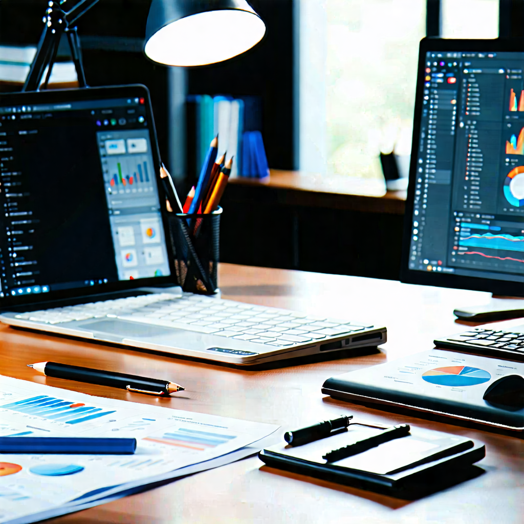 Business Technical Illustration: Workplace with productivity tools on desk
