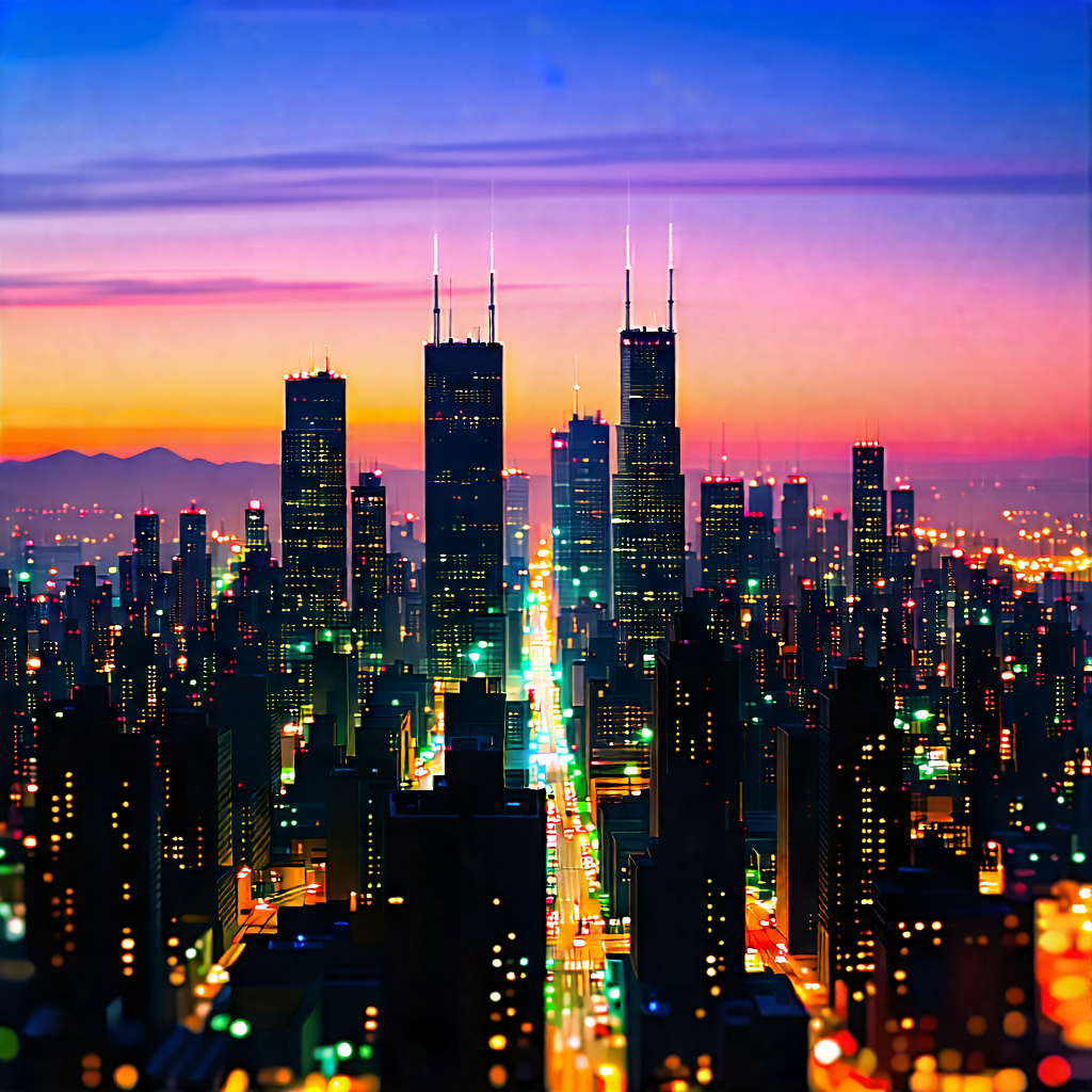 Urban Concept Art: Cityscape Of Urban Skyline During (sunset:1.2) With Nighttime View