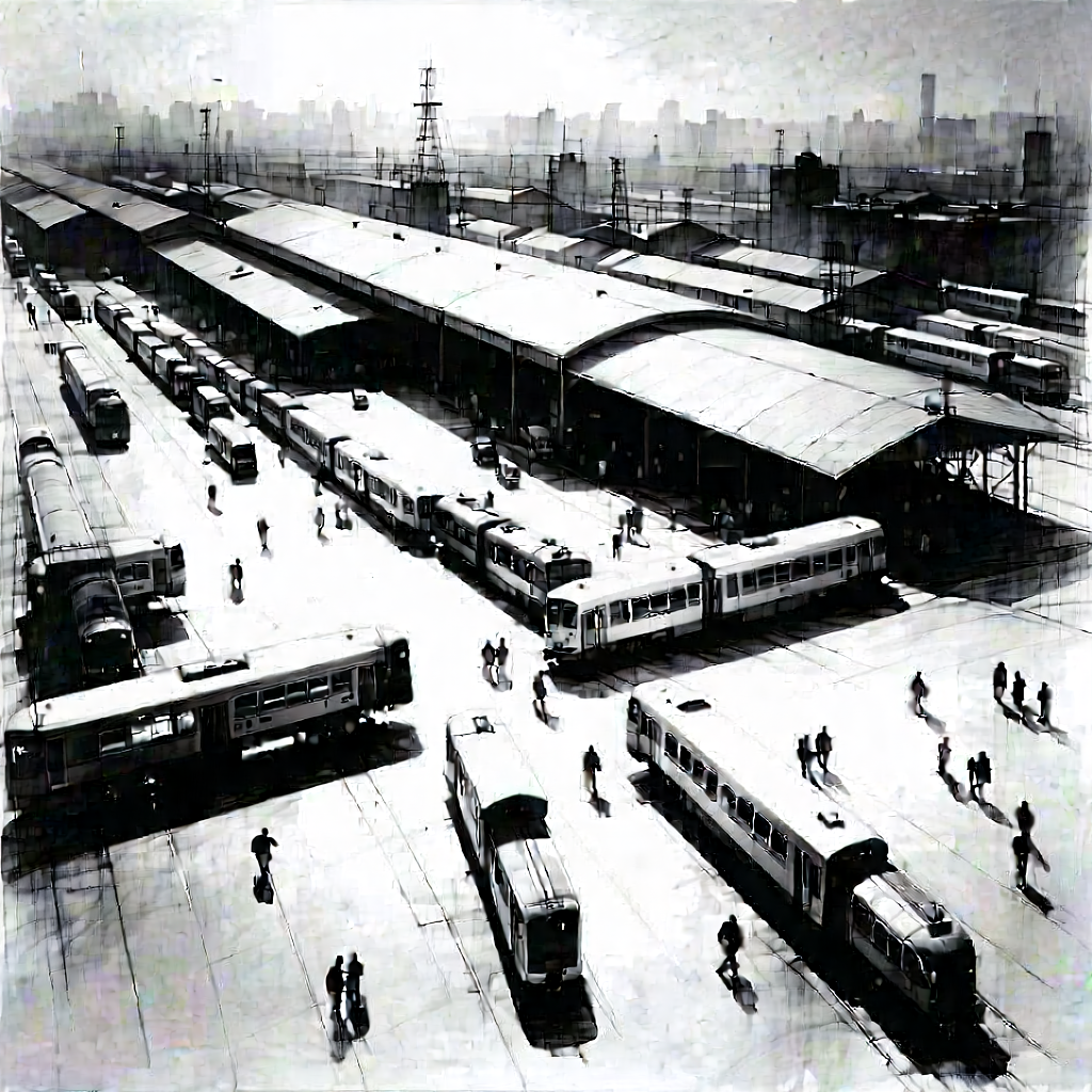 Urban Charcoal Drawing: Aerial view of transportation hub