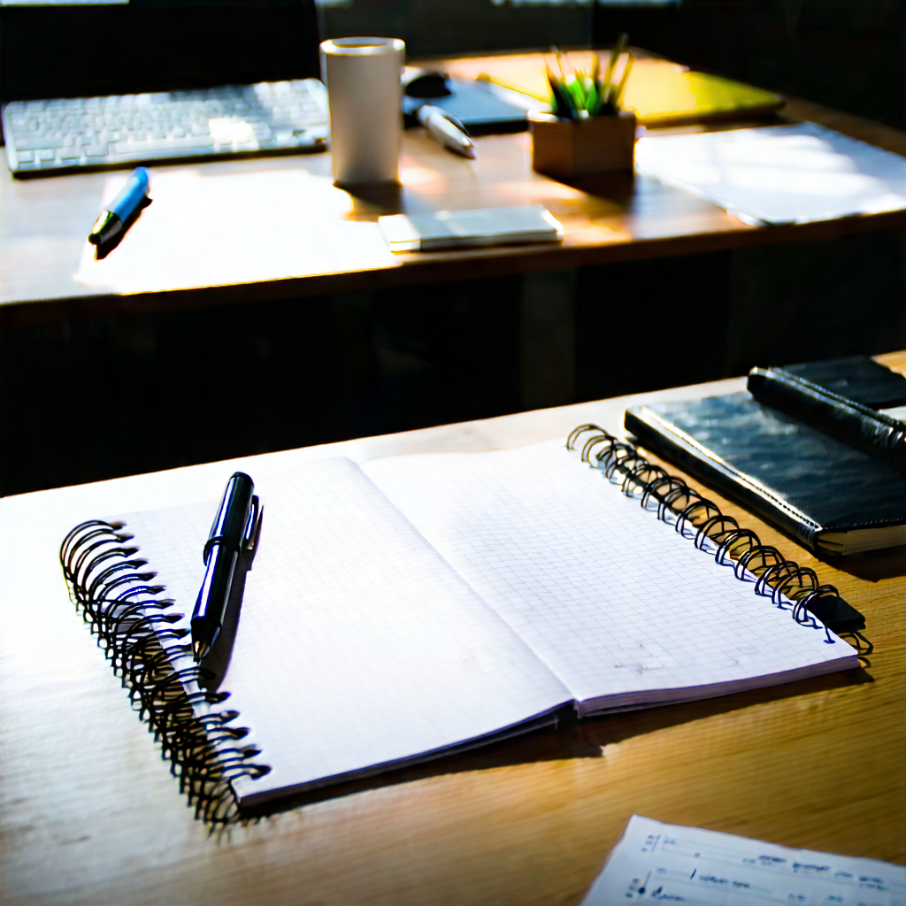 Business Long Exposure Photography: Workplace with notebooks and pens on desk