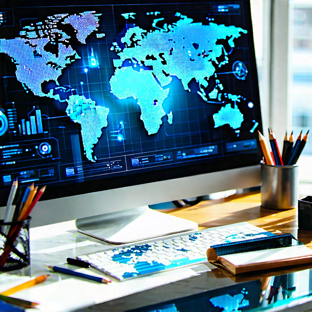 Tech Acrylic Painting: Financial Technology In Tech Office With Computer Monitor